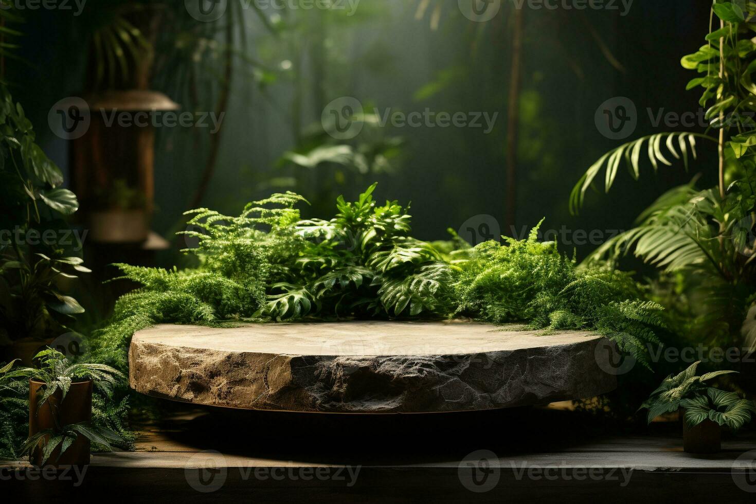 Natural rock stone podium for product display in front of the forest generative by ai photo