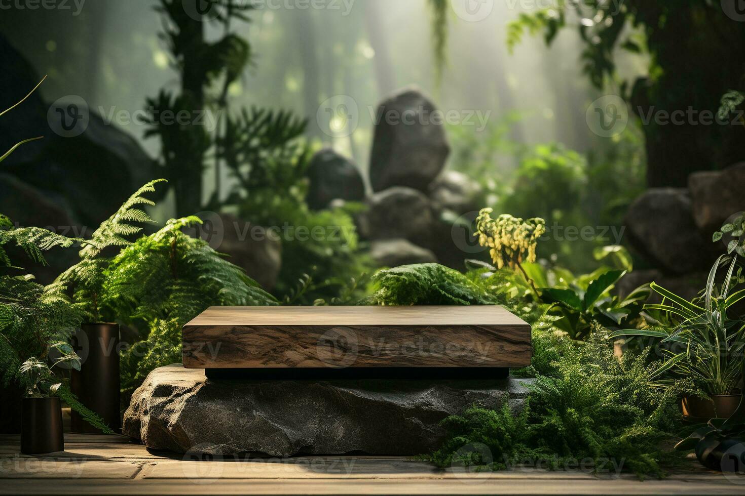 Natural wooden podium for product display in front of the forest generative by ai photo