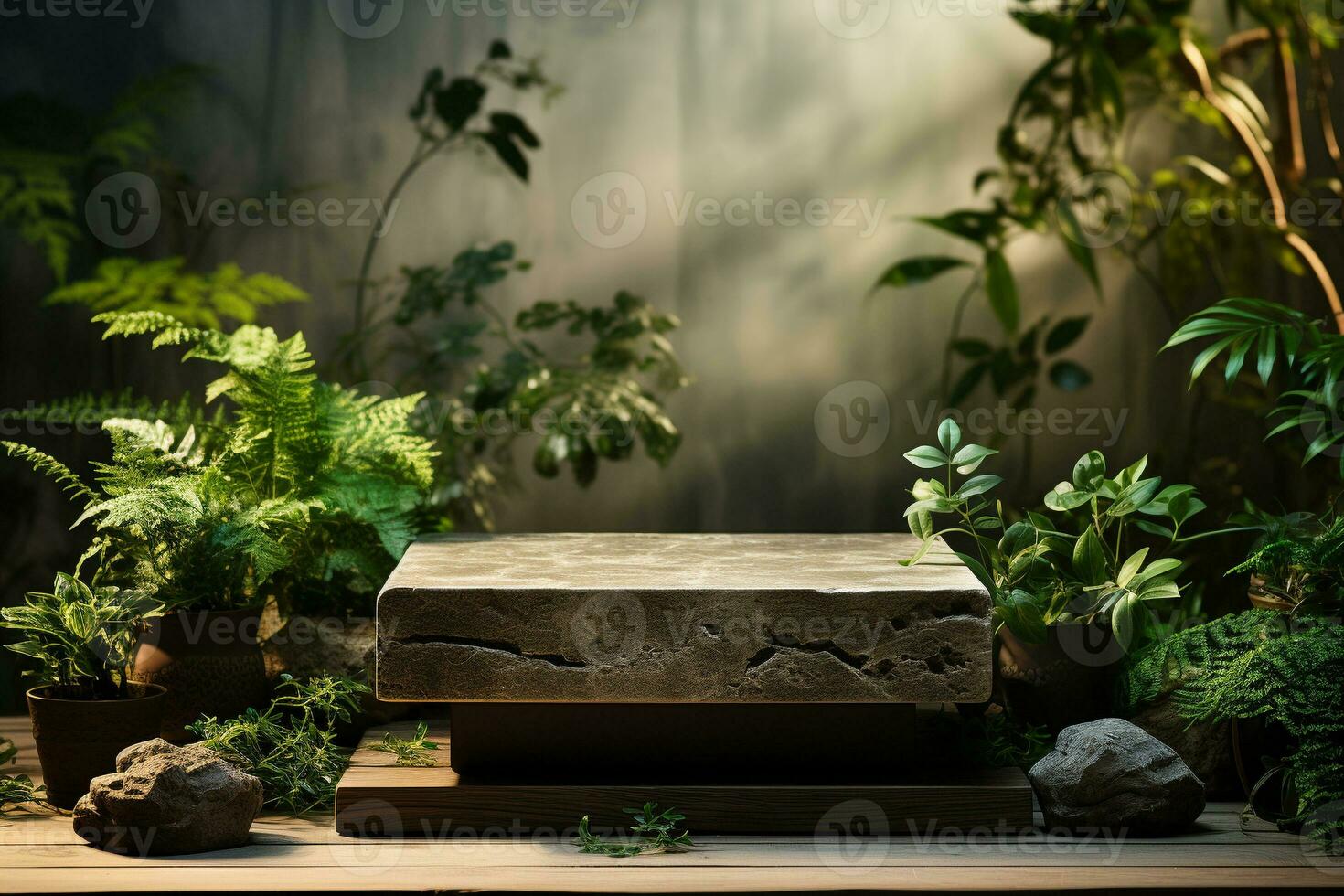 Marble stone podium for product display in front of the forest generative by ai photo
