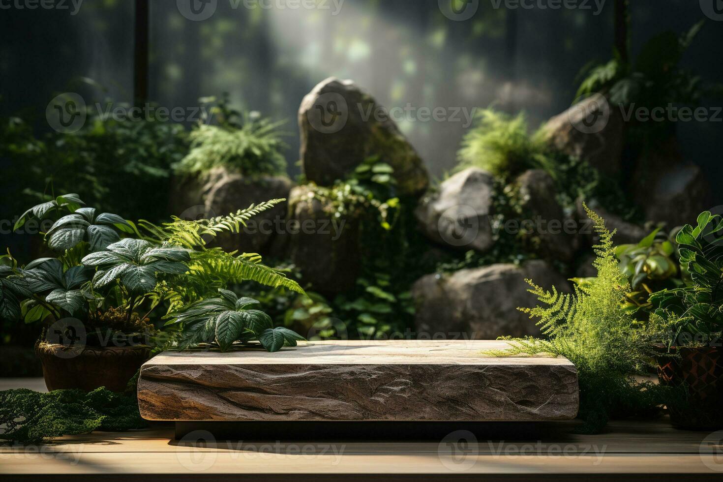 Natural rock stone podium for product display in front of the forest generative by ai photo