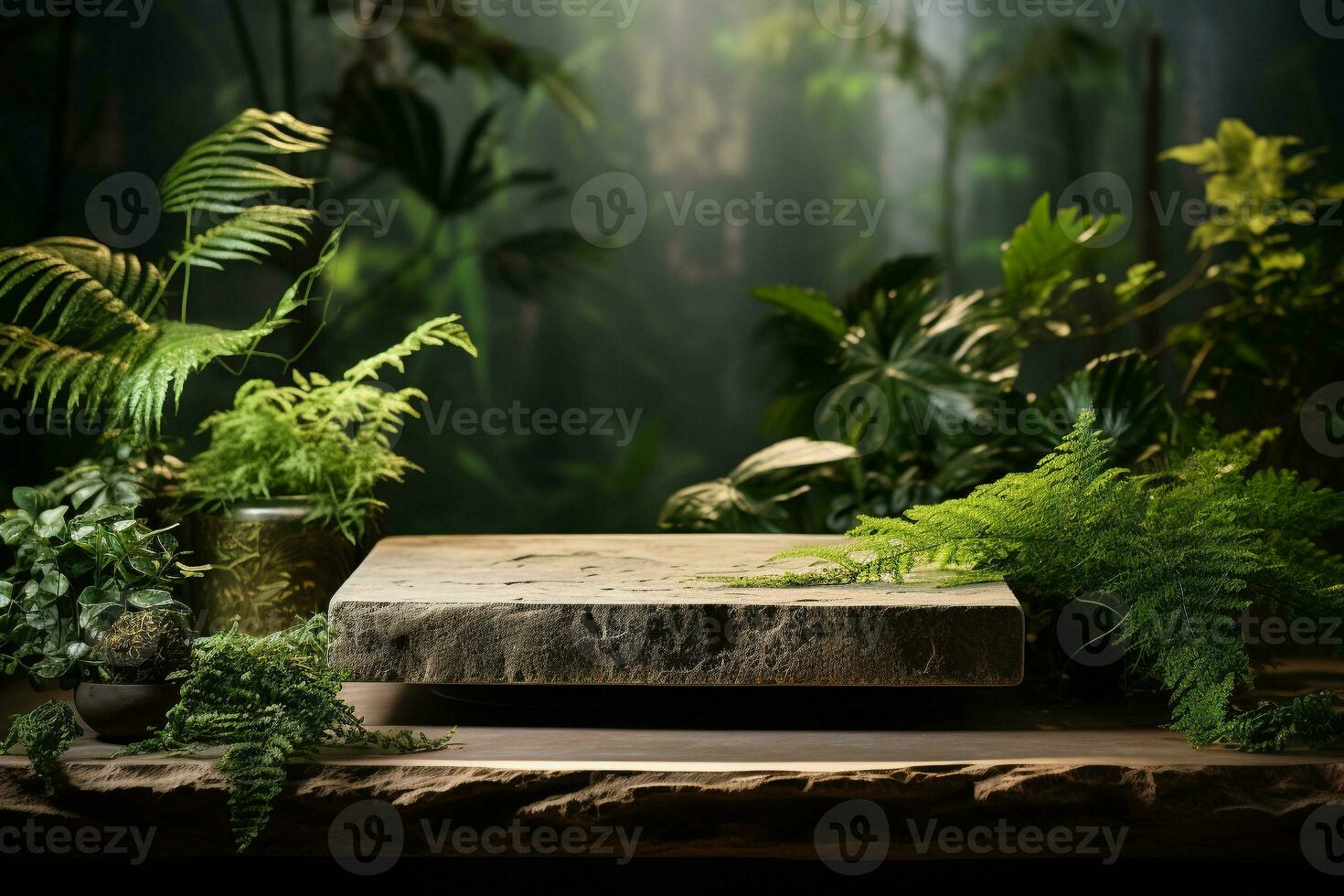 Natural rock stone podium for product display in front of the forest generative by ai photo