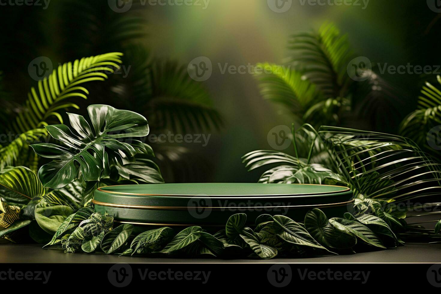 Podium mockup around with plants for product display generative by ai photo