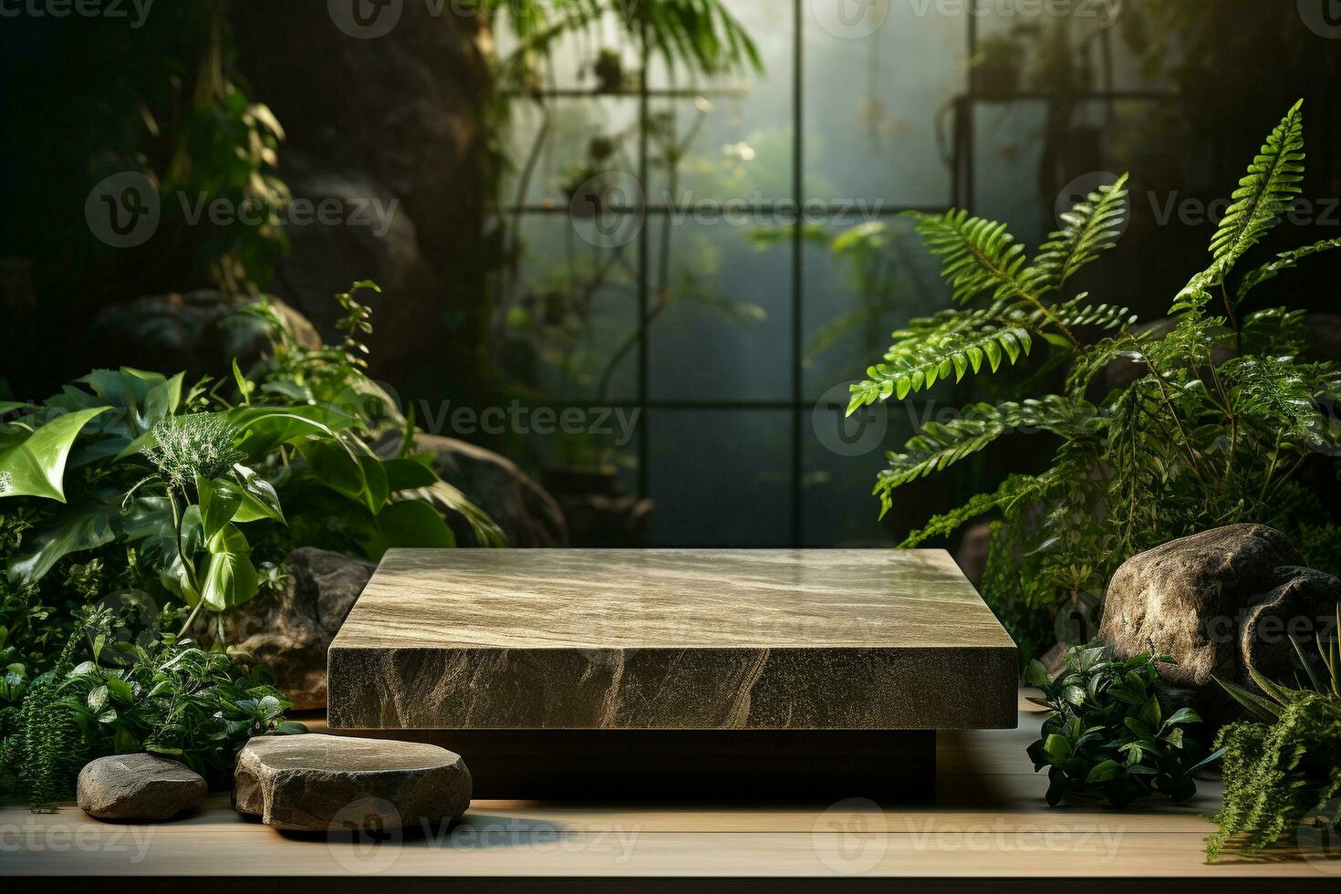 Marble stone podium for product display in front of the forest generative by ai photo