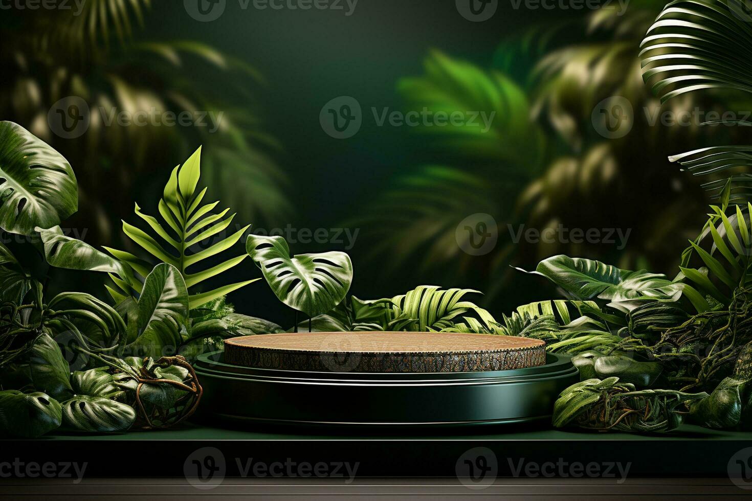 Podium mockup around with plants for product display generative by ai photo
