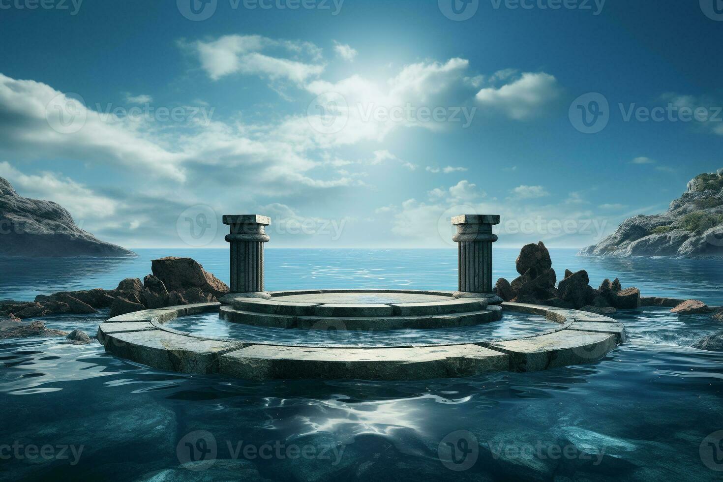 ancient style podium in water for product presentation generative by ai photo