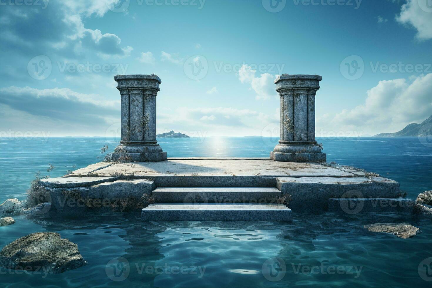 ancient style podium in water for product presentation generative by ai photo