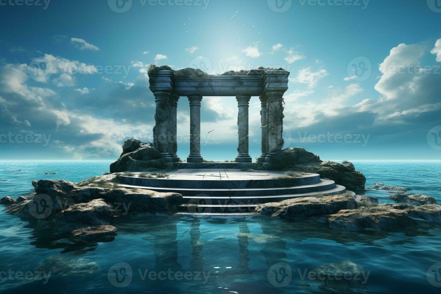 ancient style podium in water for product presentation generative by ai photo