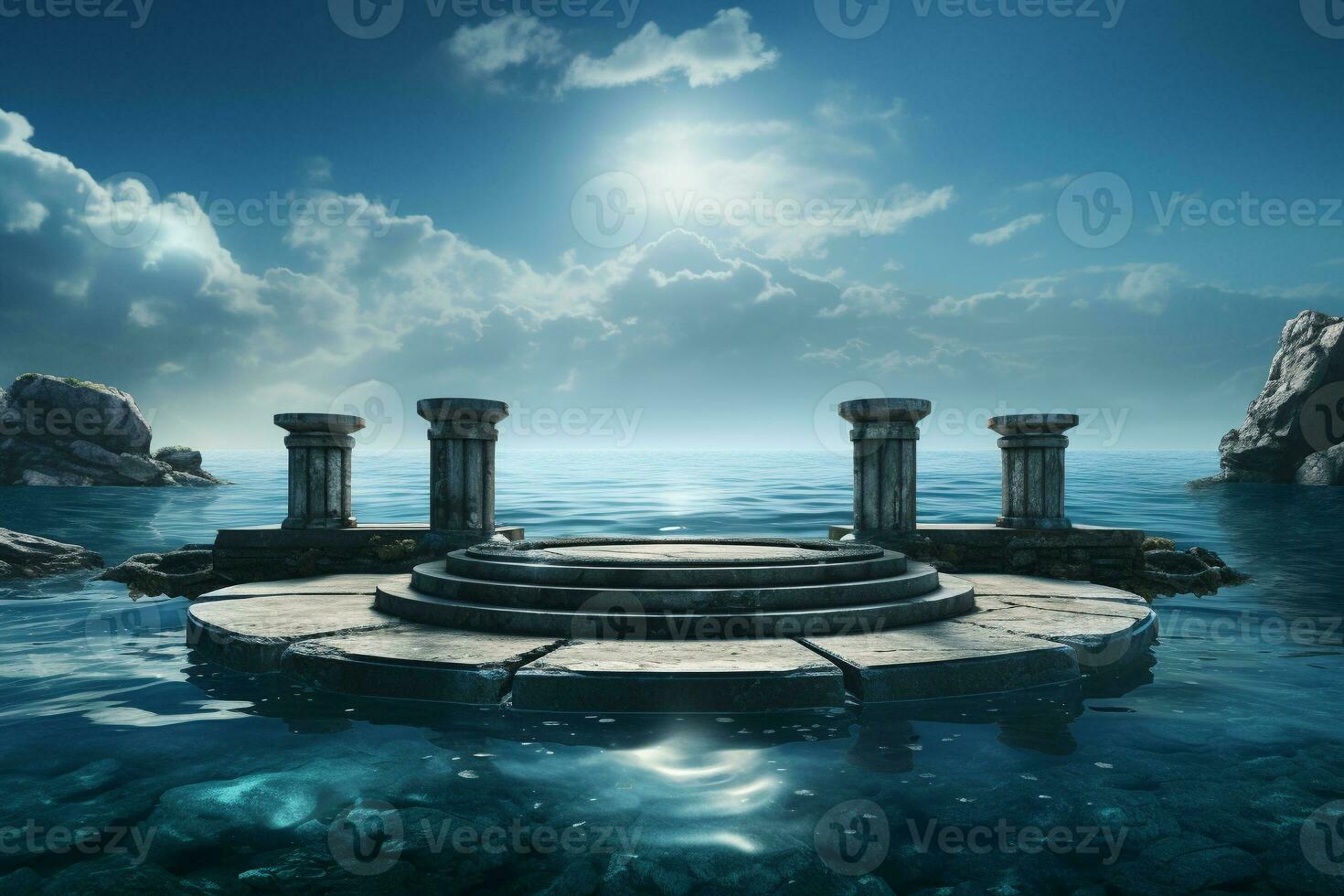 ancient style podium in water for product presentation generative by ai photo