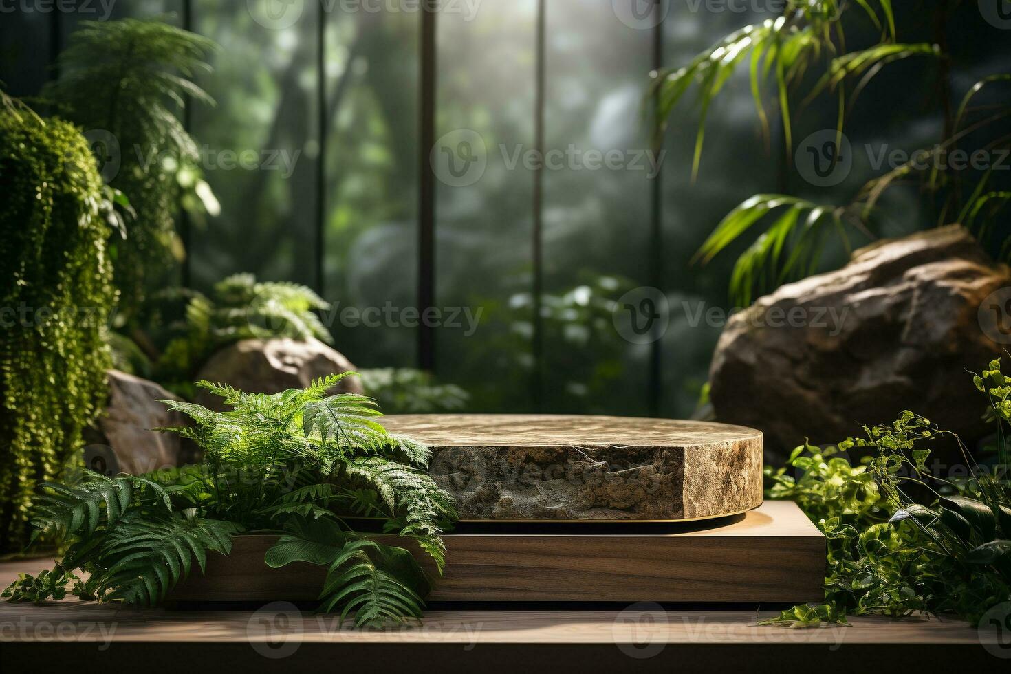 Natural rock stone podium for product display in front of the forest generative by ai photo