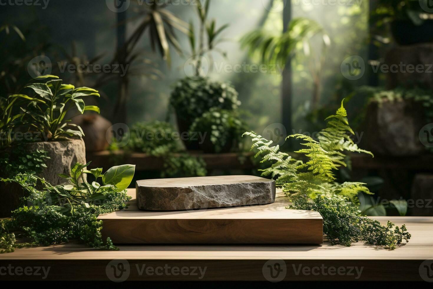 Natural rock stone podium for product display in front of the forest generative by ai photo