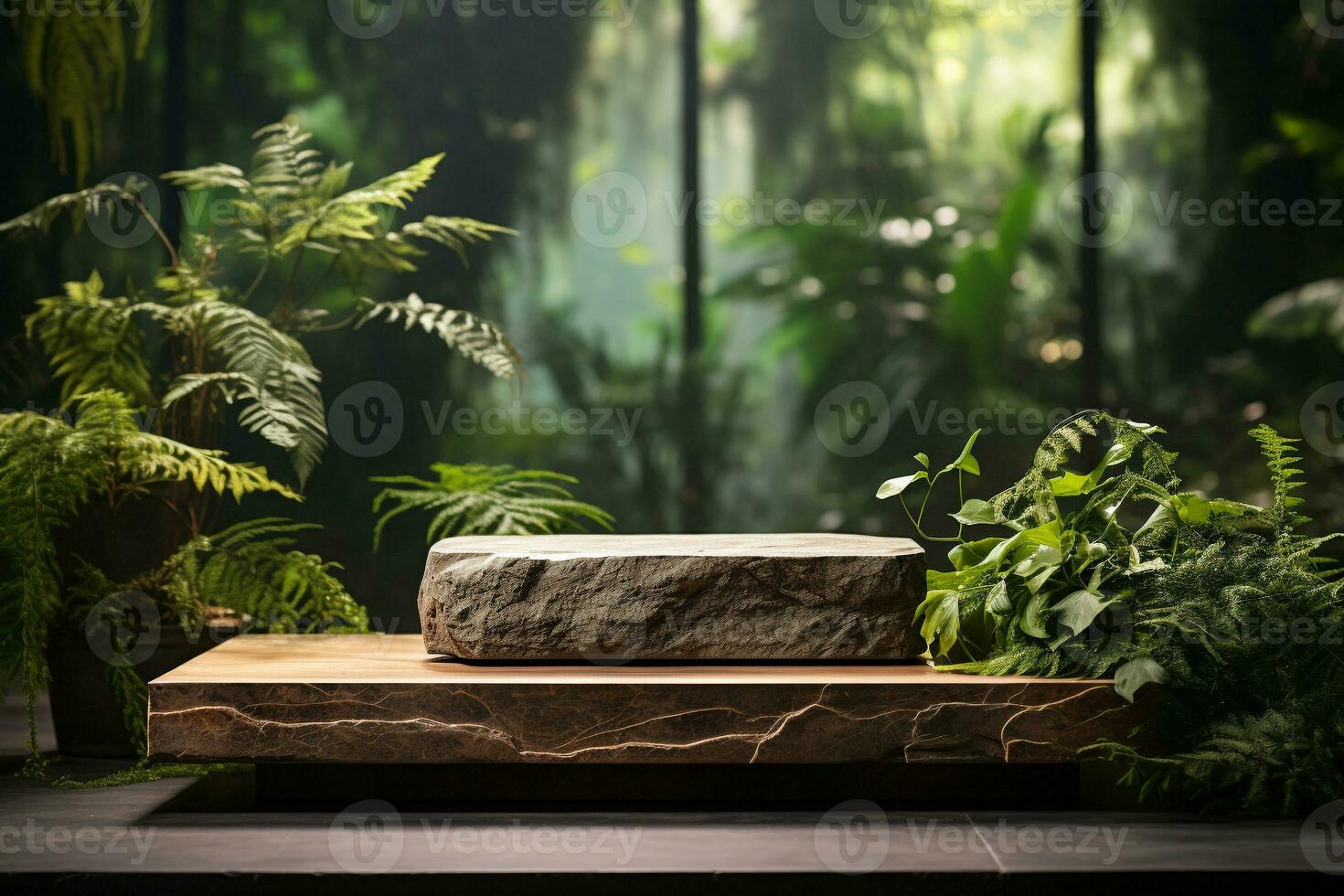 Marble stone podium for product display in front of the forest generative by ai photo