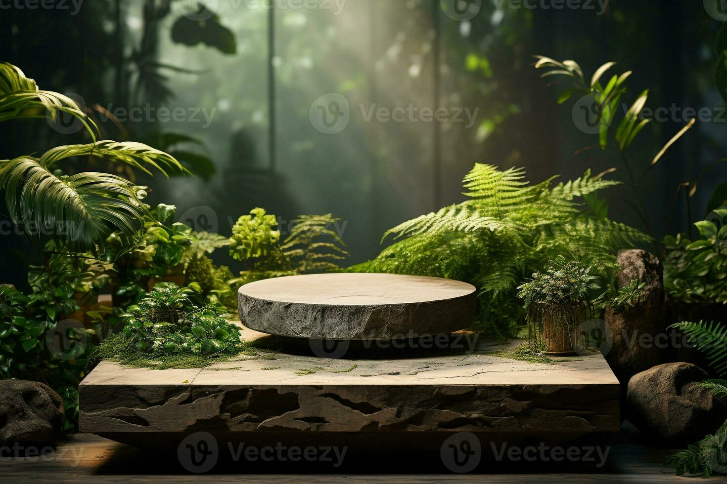 Marble stone podium for product display in front of the forest generative by ai photo