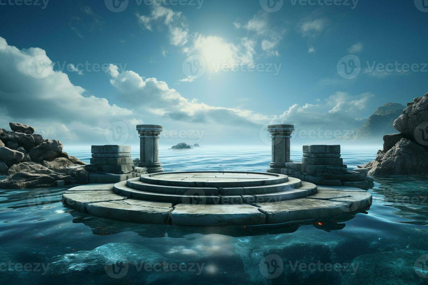 ancient style podium in water for product presentation generative by ai photo