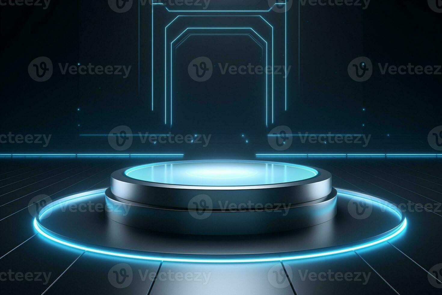Futuristic illuminated pedestal podium mockup for product presentation generative by ai photo