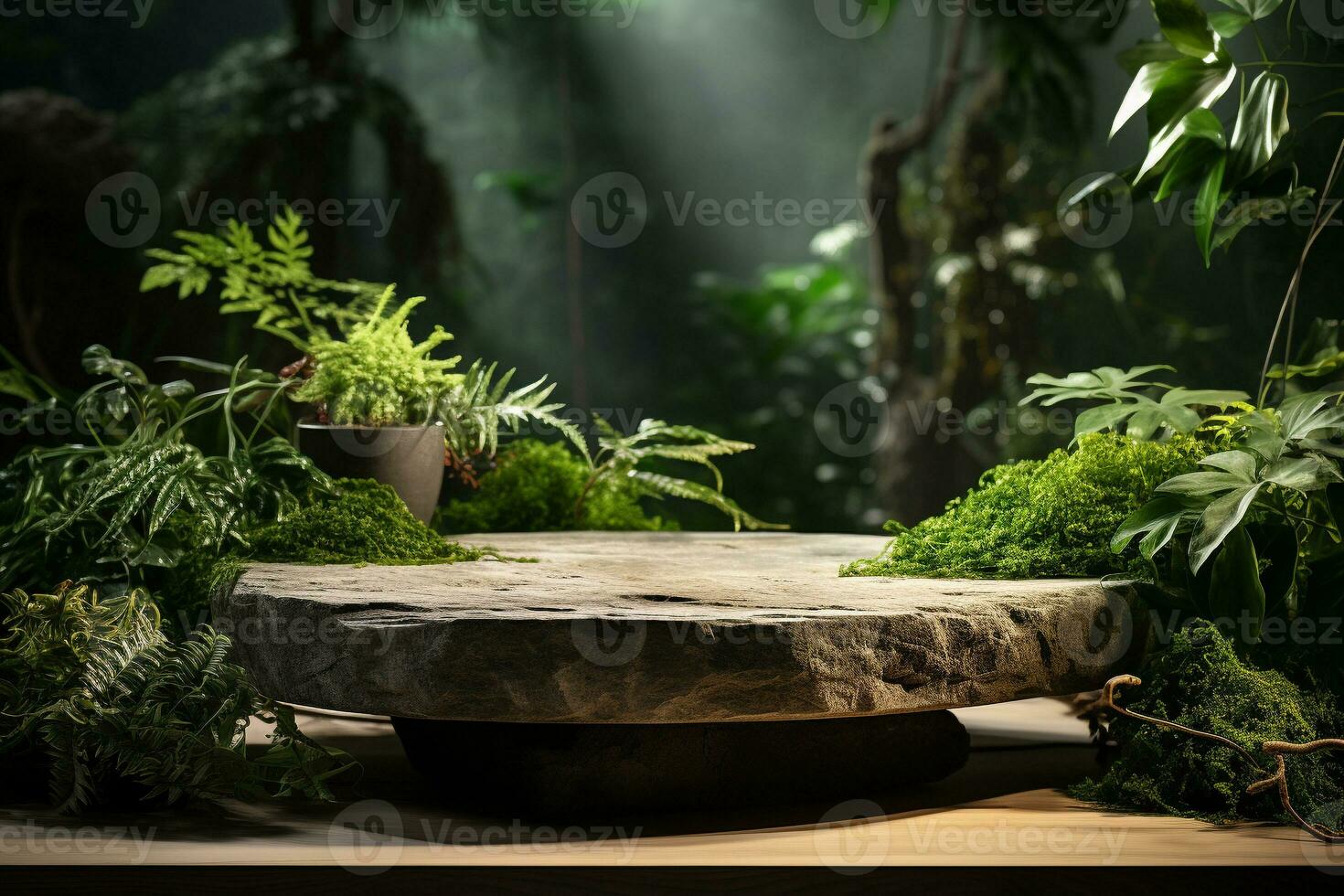Natural rock stone podium for product display in front of the forest generative by ai photo