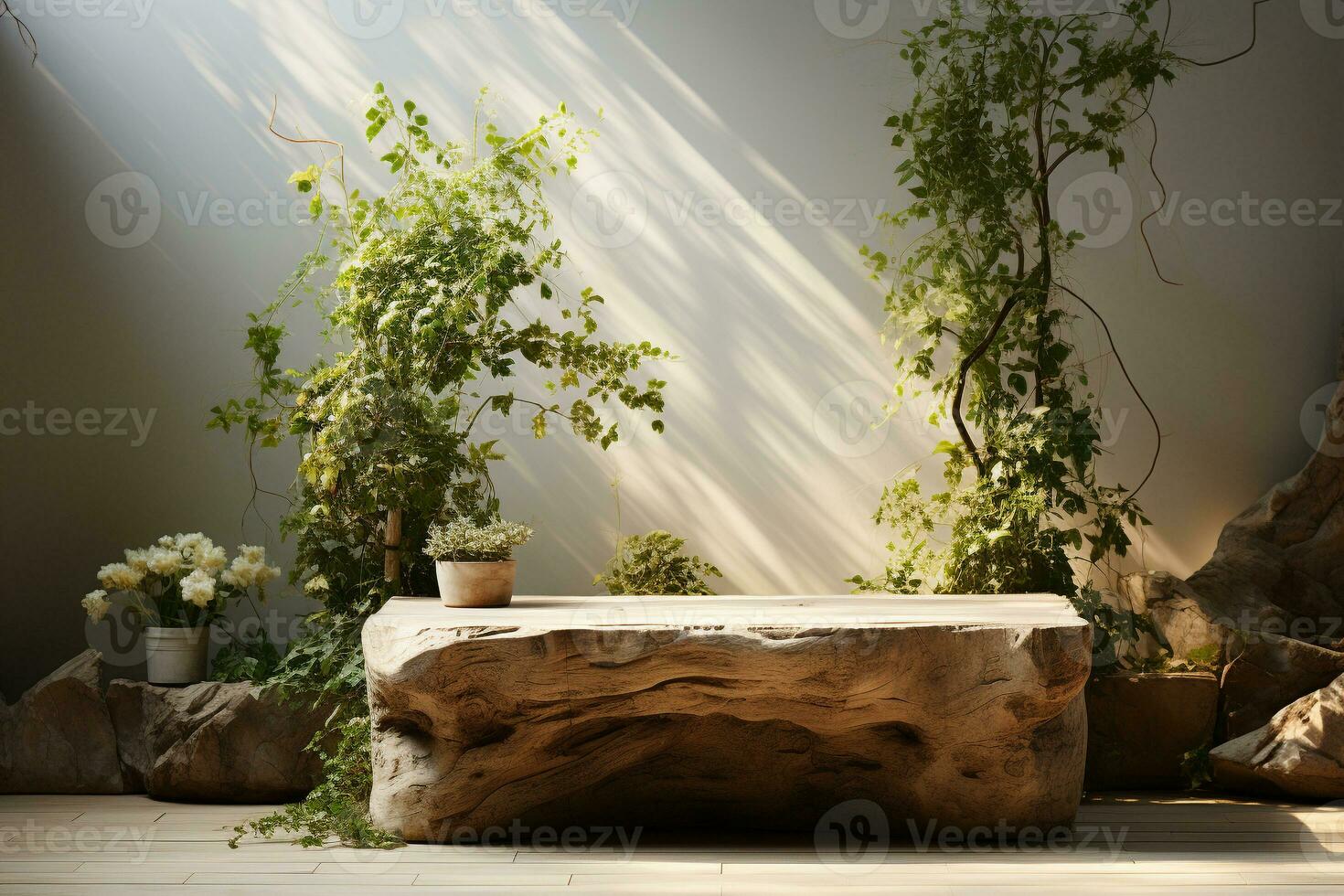 Natural wooden podium for product display in front of the forest generative by ai photo