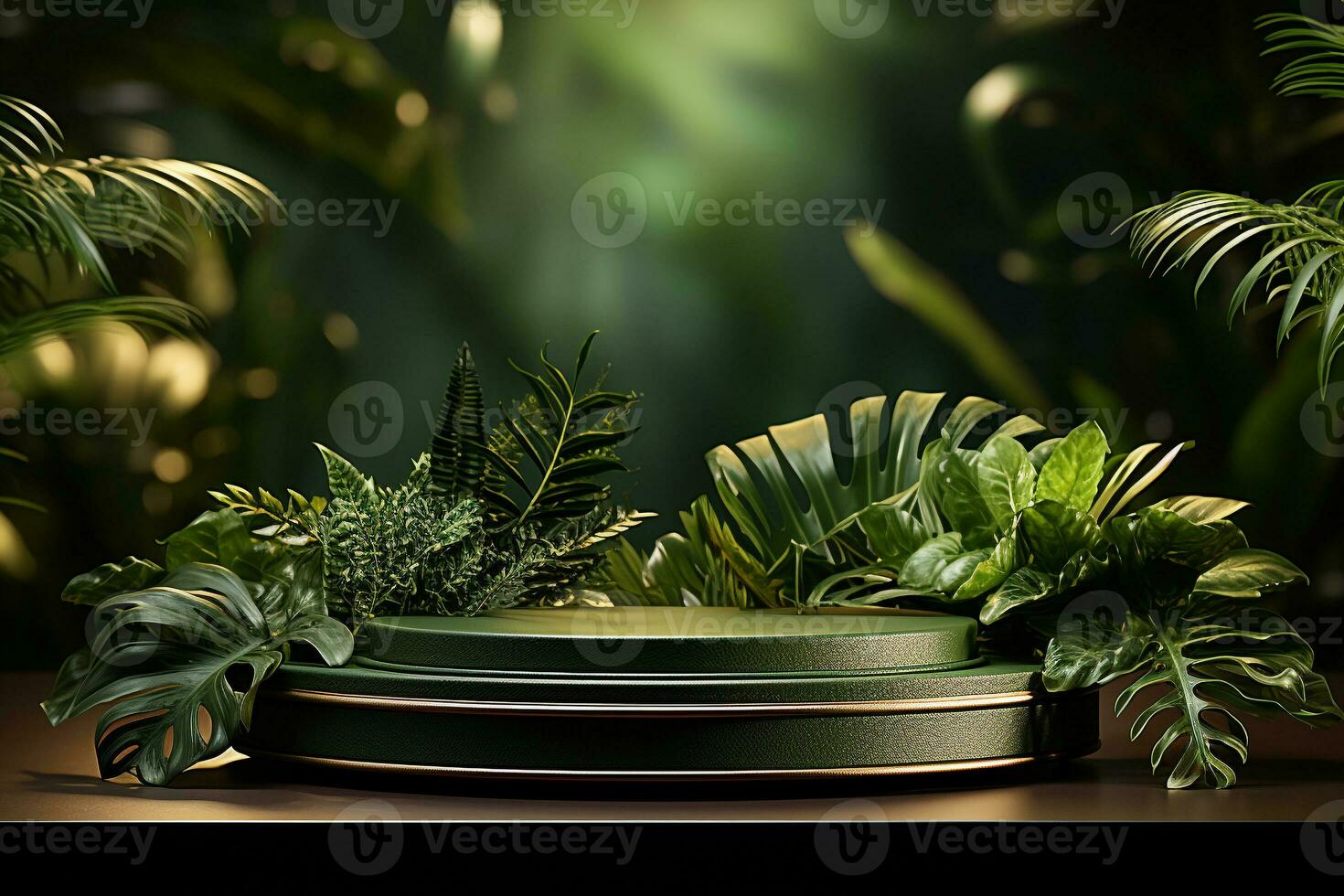 Podium mockup around with plants for product display generative by ai photo