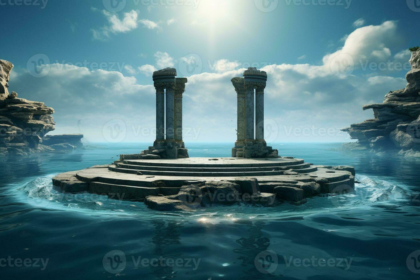 ancient style podium in water for product presentation generative by ai photo