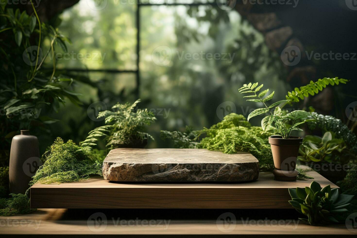 Natural rock stone podium for product display in front of the forest generative by ai photo