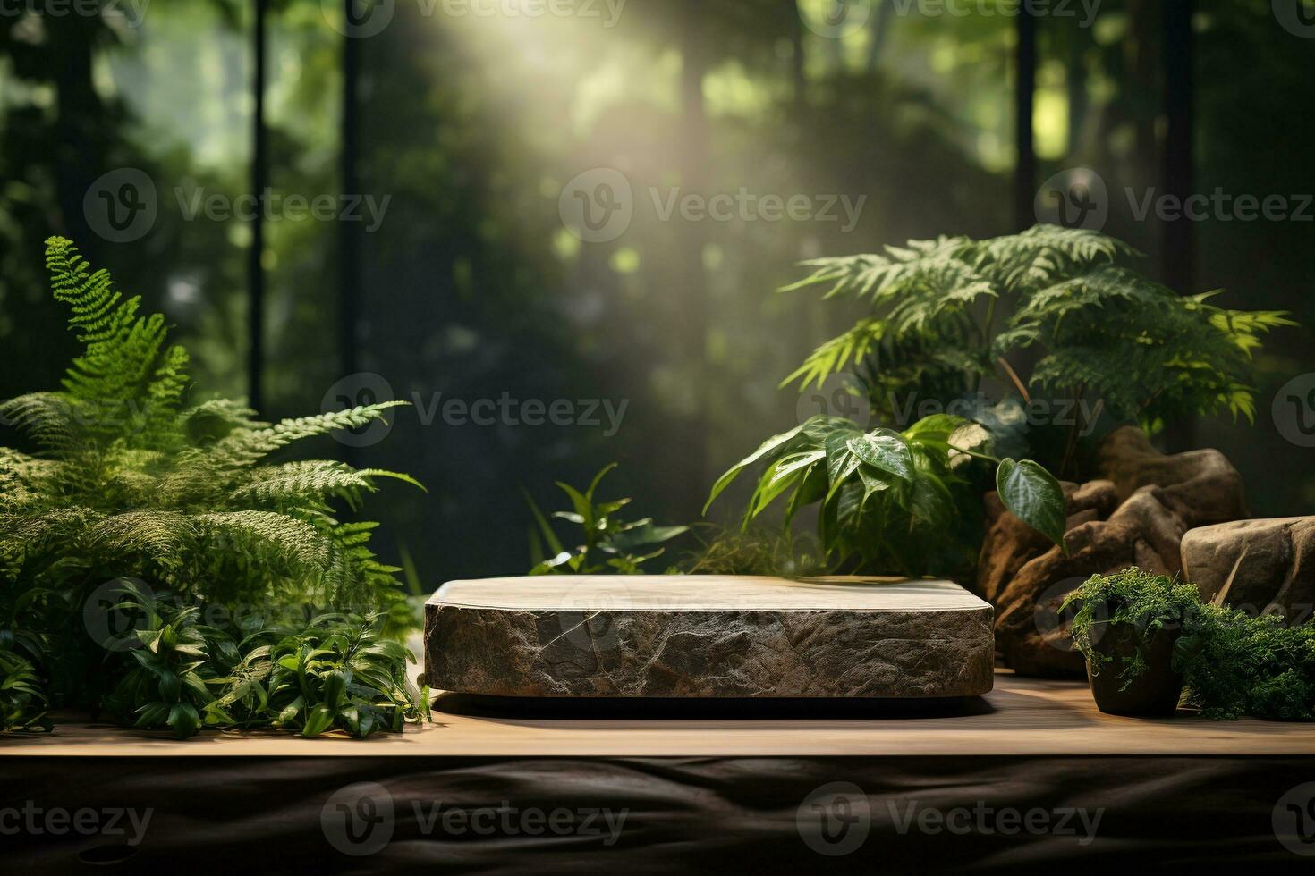 Natural rock stone podium for product display in front of the forest generative by ai photo