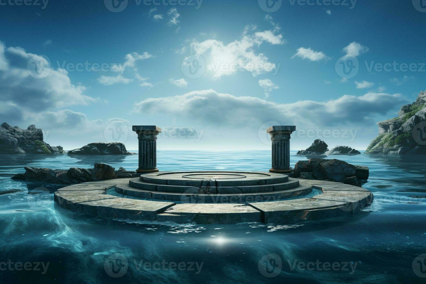 ancient style podium in water for product presentation generative by ai photo