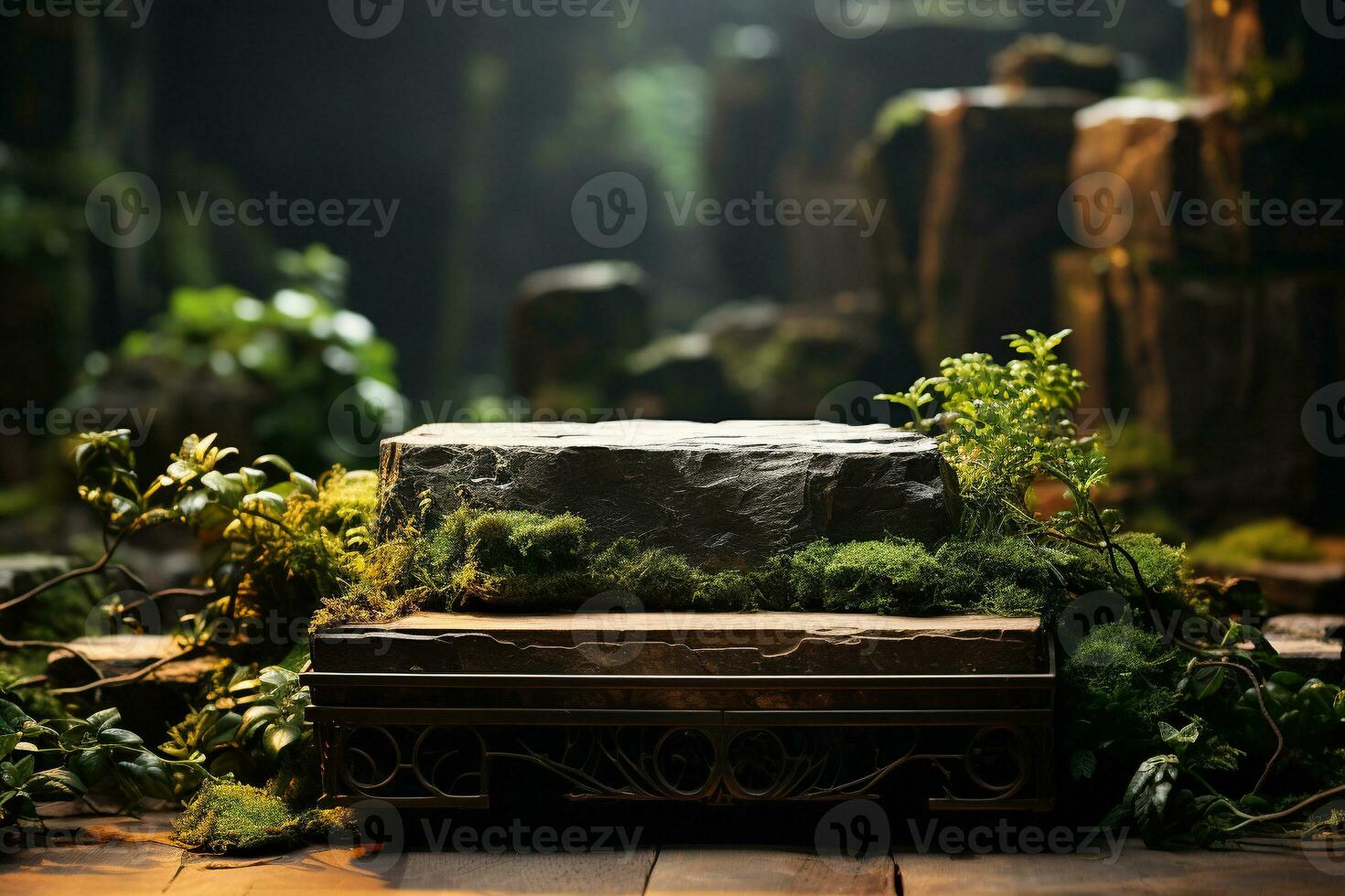 Natural rock stone podium for product display in front of the forest generative by ai photo