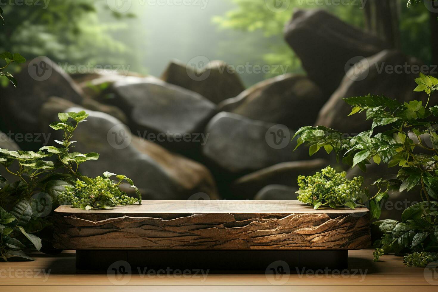 Natural wooden podium for product display in front of the forest generative by ai photo