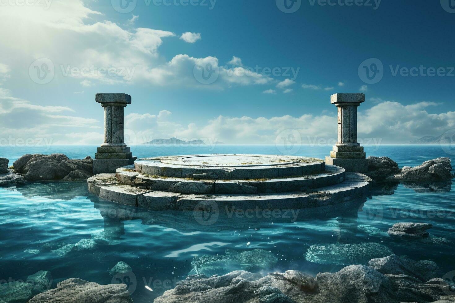 ancient style podium in water for product presentation generative by ai photo