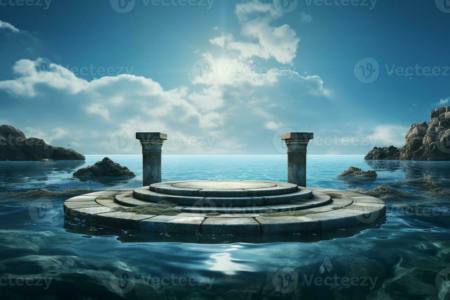 ancient style podium in water for product presentation generative by ai photo