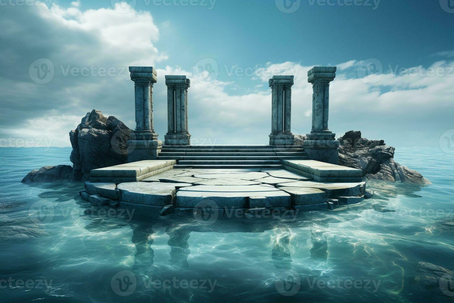 ancient style podium in water for product presentation generative by ai photo