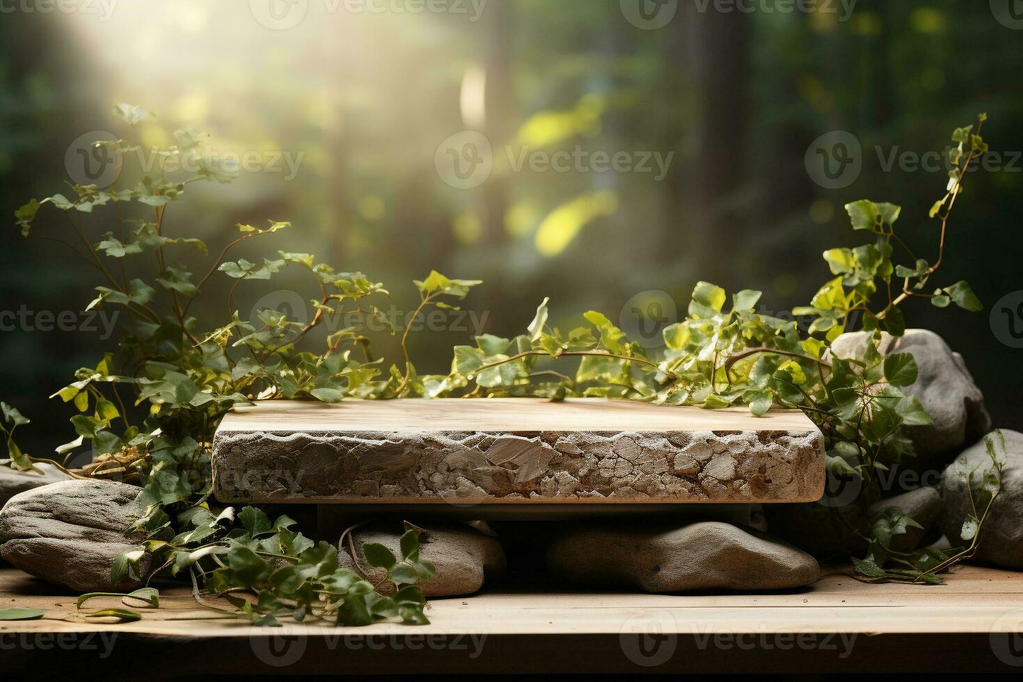 Natural rock stone podium for product display in front of the forest generative by ai photo