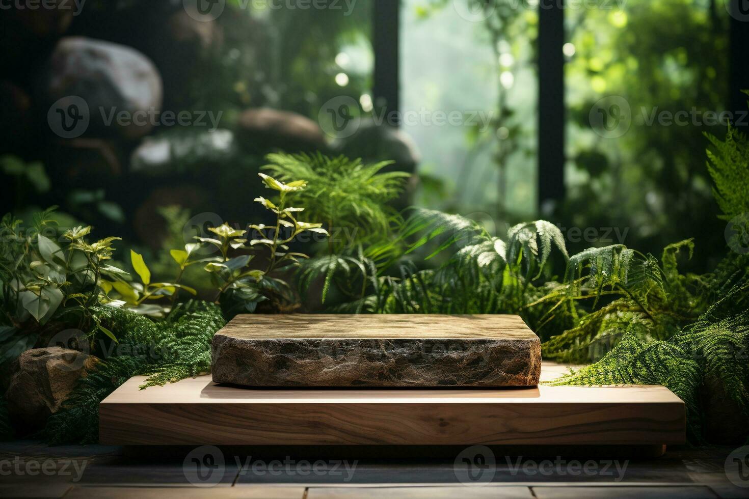 Natural rock stone podium for product display in front of the forest generative by ai photo