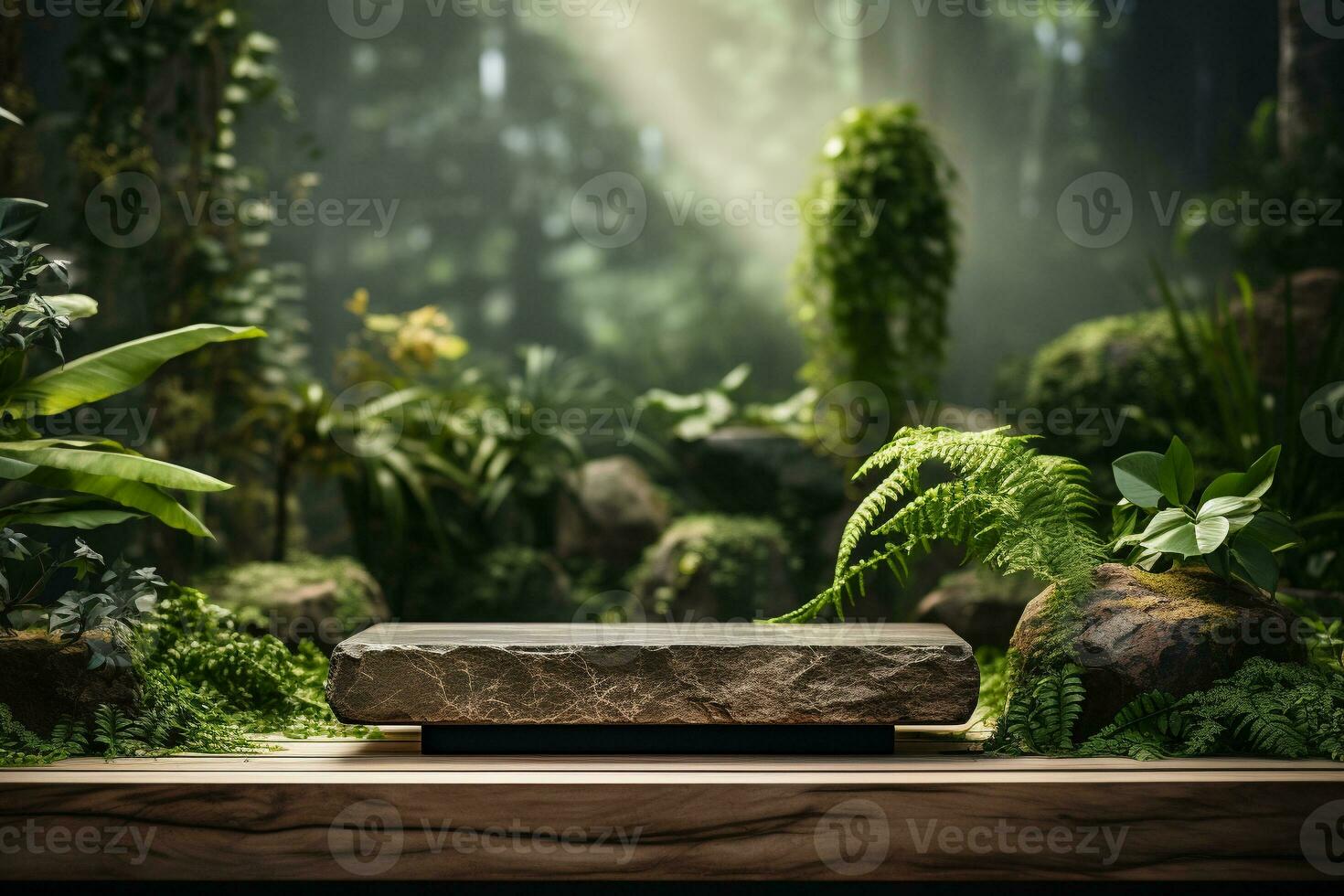 Marble stone podium for product display in front of the forest generative by ai photo