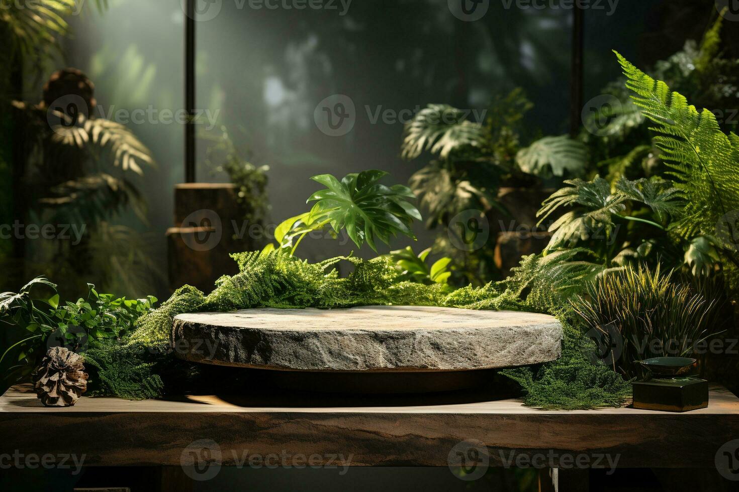 Natural rock stone podium for product display in front of the forest generative by ai photo