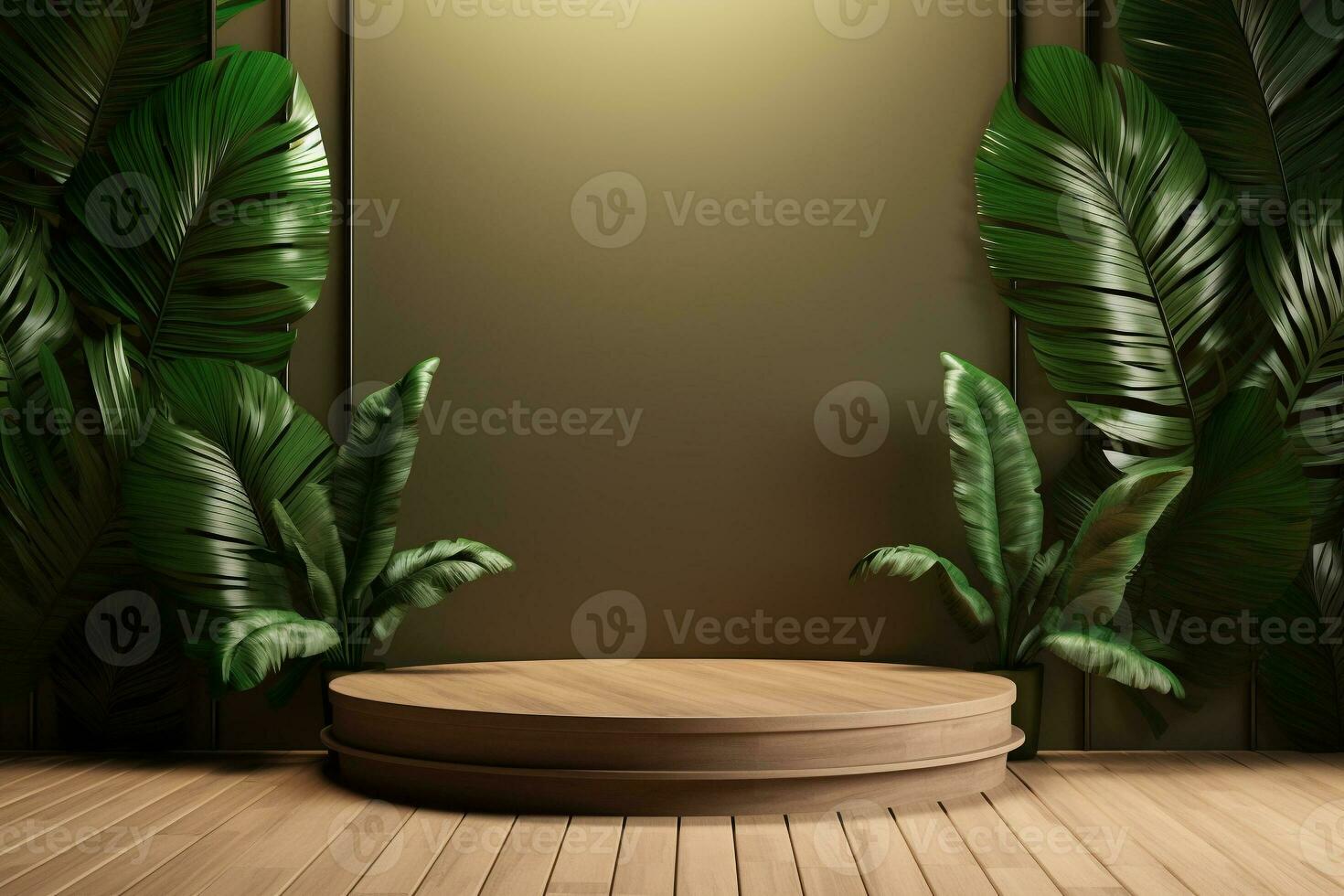 Wood pedestal podium with leaf in background for product presentation generative by ai photo