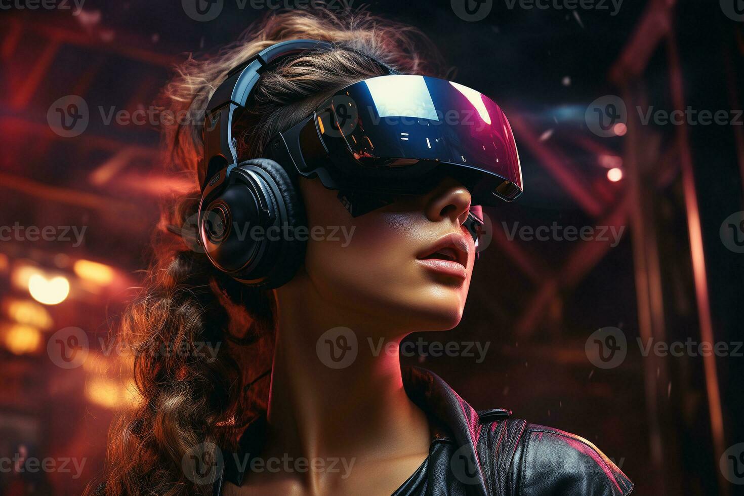 Woman Wearing a virtual reality headset in sci-fi urbanity generative by ai photo