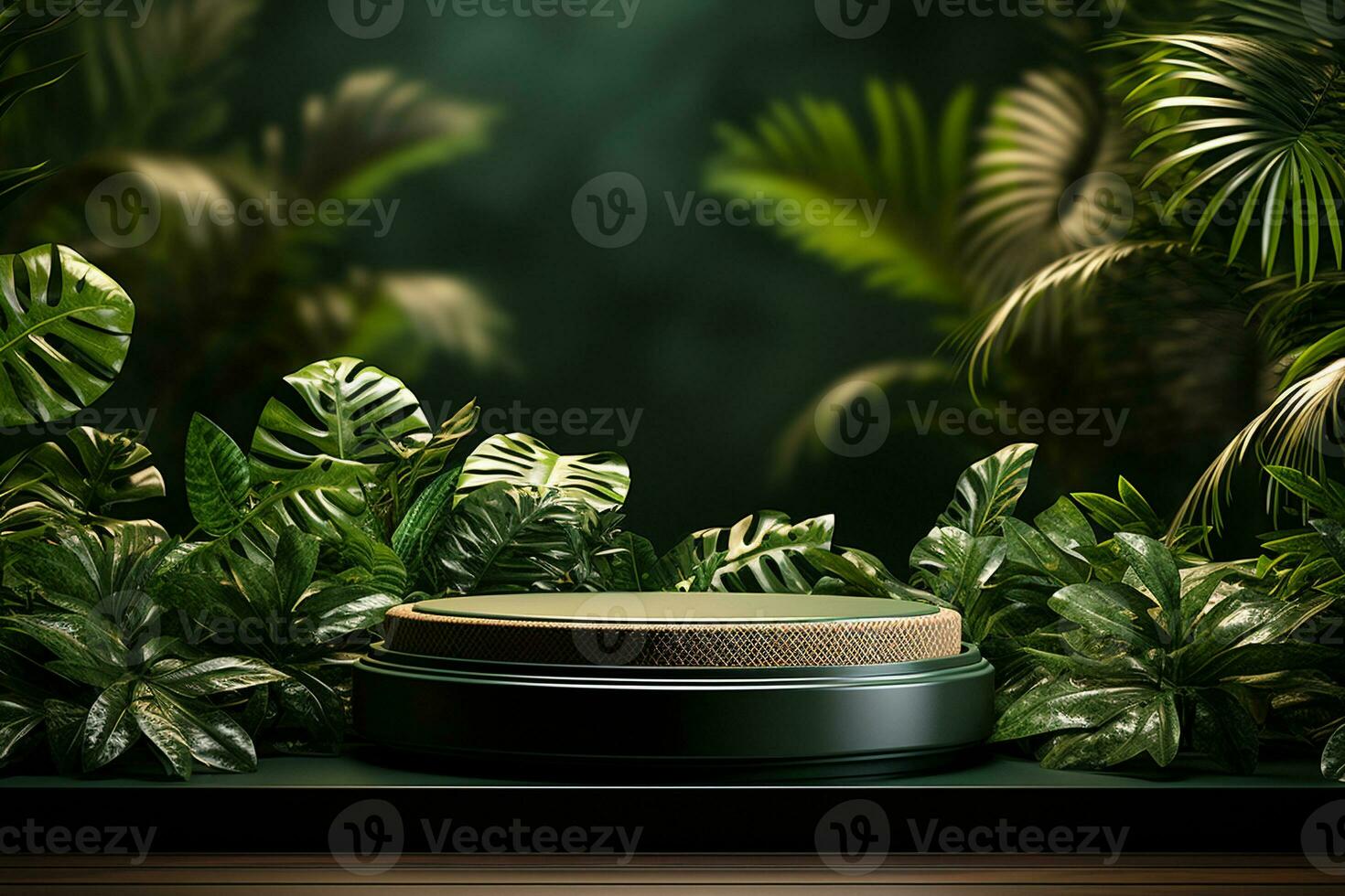 Podium mockup around with plants for product display generative by ai photo