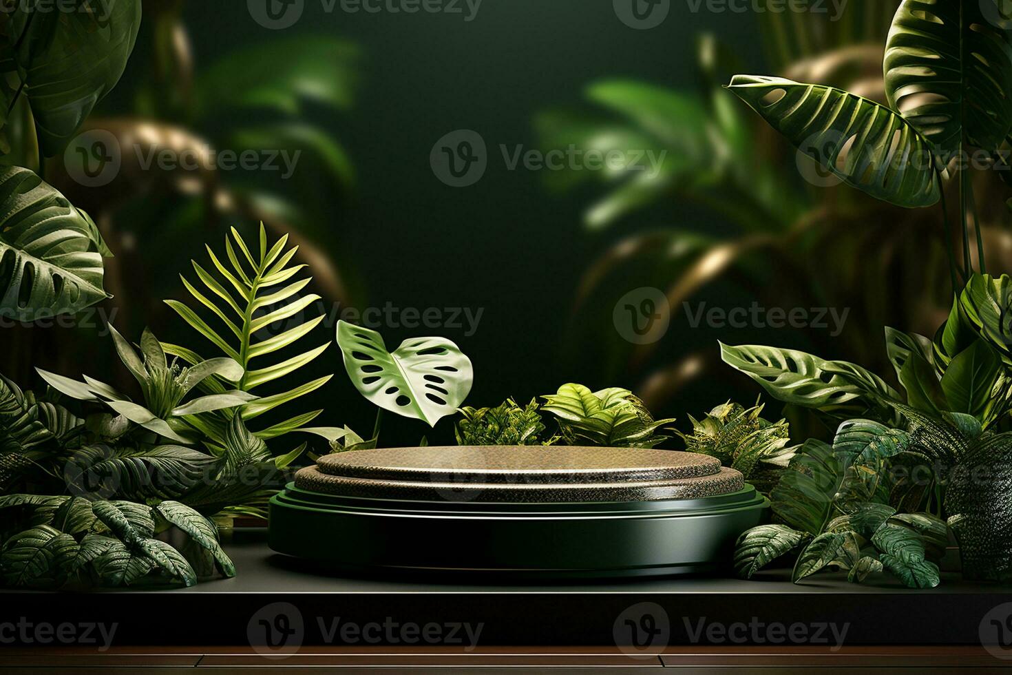 Podium mockup around with plants for product display generative by ai photo