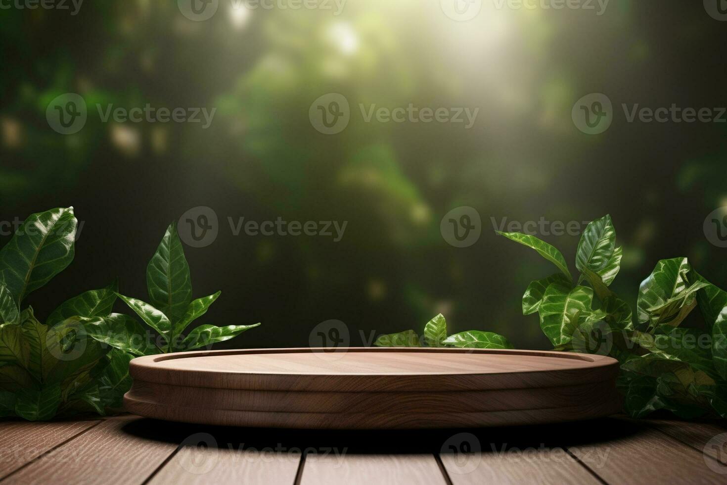 Wood pedestal podium with leaf in background for product presentation generative by ai photo