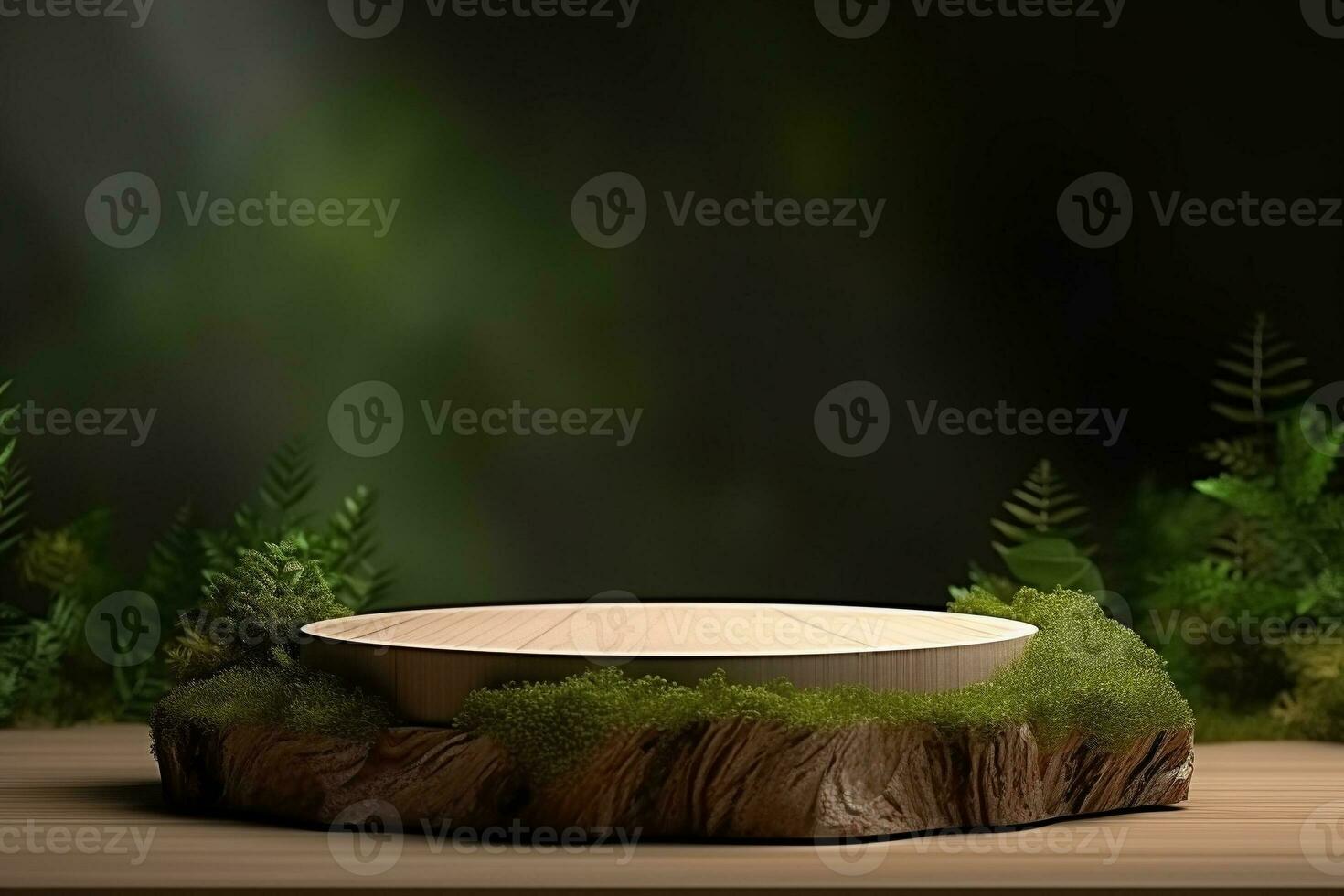 Round wood podium with grass and plants in the background for product display generative by ai photo