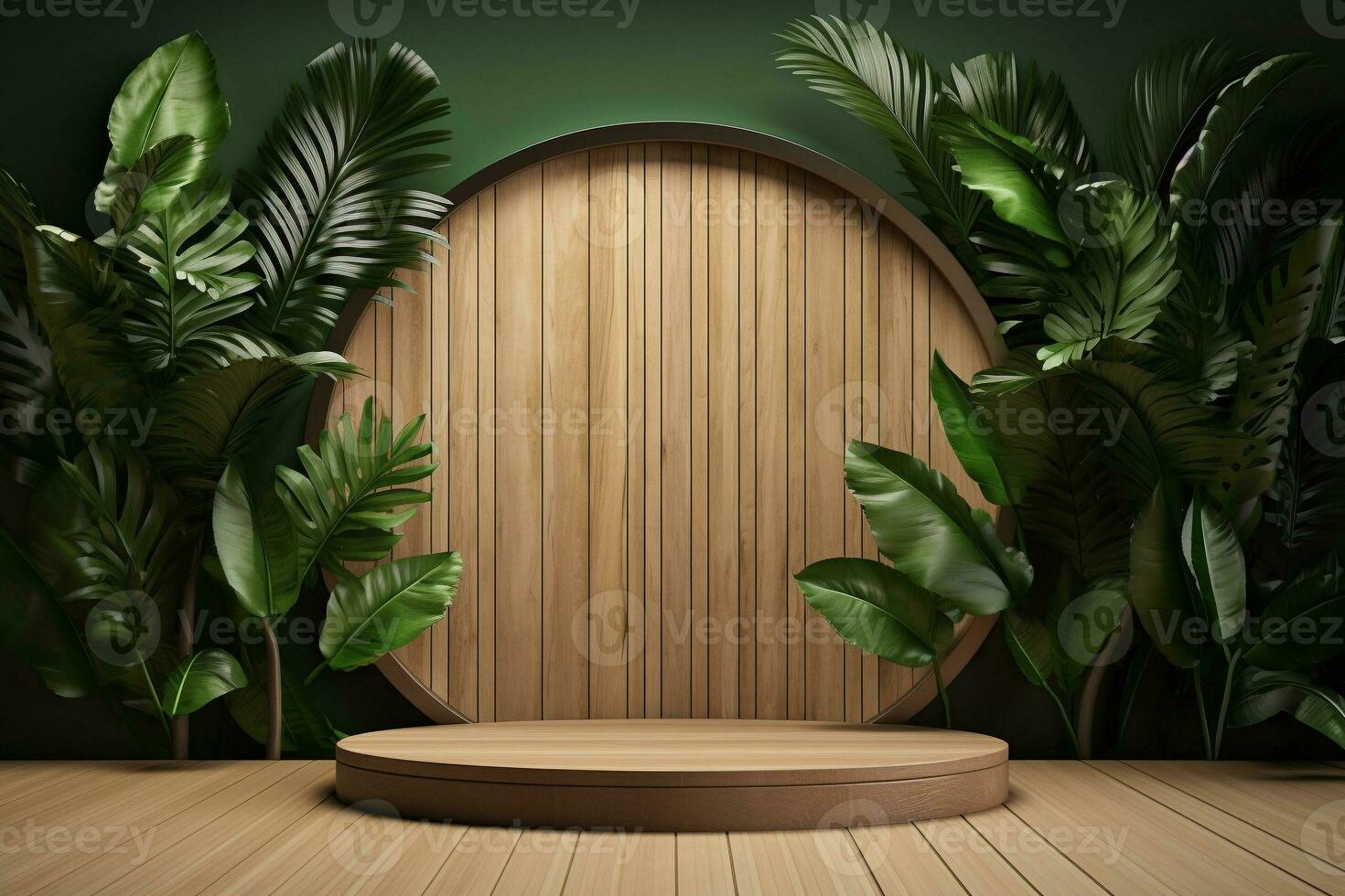 Wood pedestal podium with leaf in background for product presentation generative by ai photo