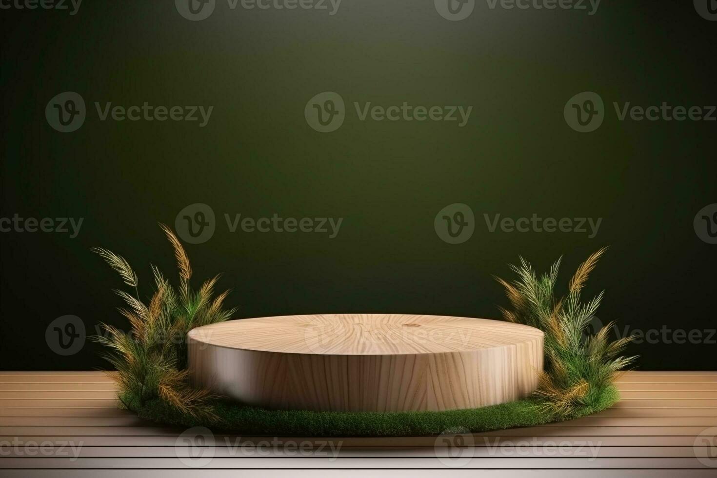 Round wood podium with grass and plants in the background for product display generative by ai photo