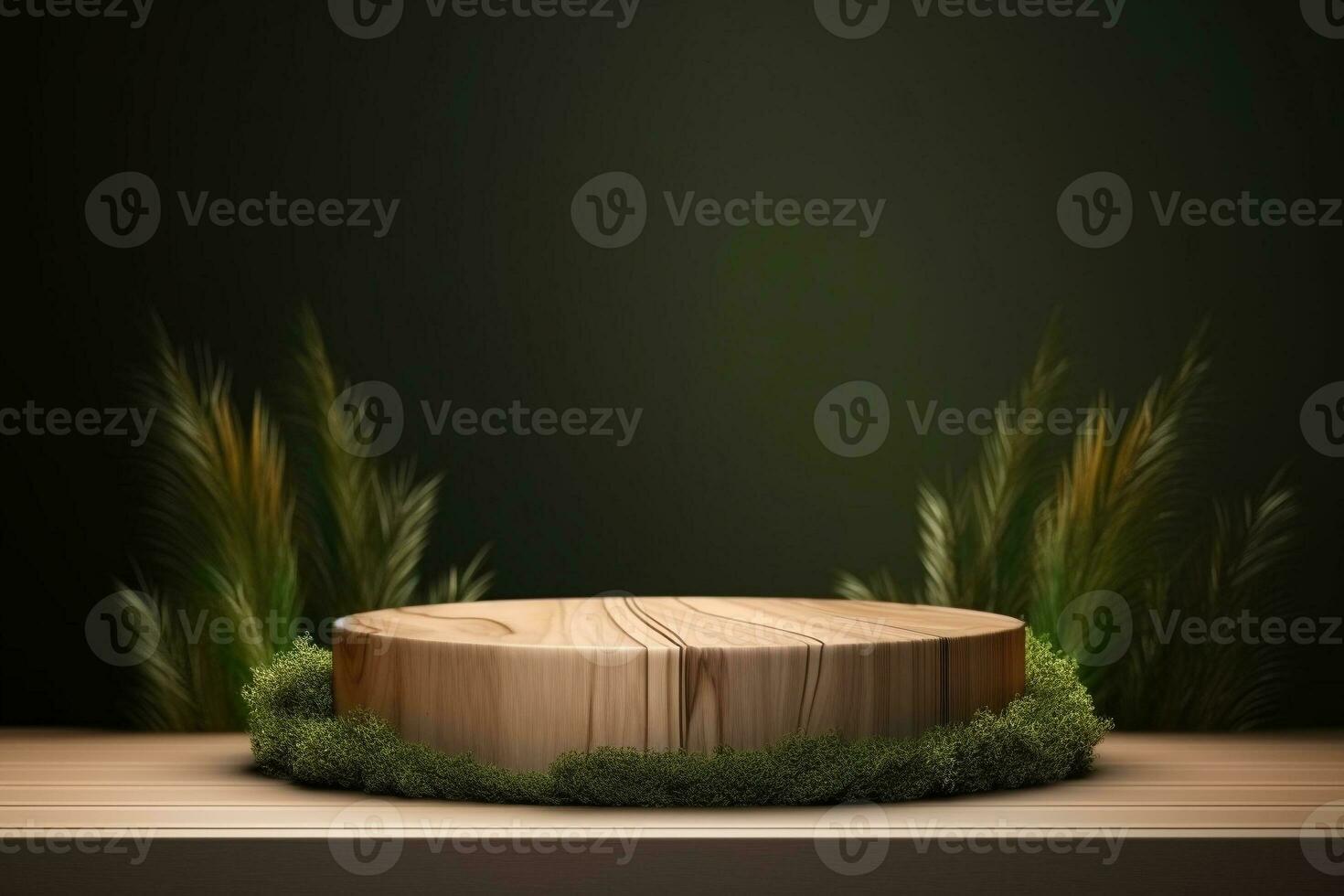 Round wood podium with grass and plants in the background for product display generative by ai photo