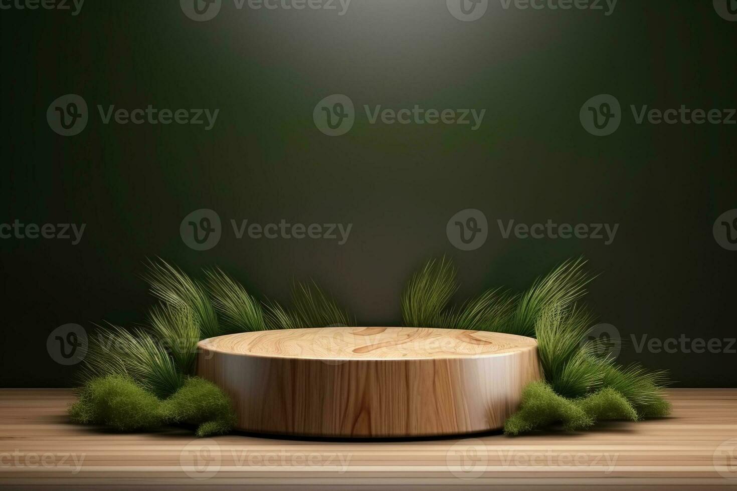 Round wood podium with grass and plants in the background for product display generative by ai photo
