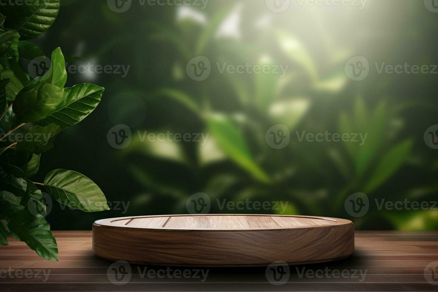 Wood pedestal podium with leaf in background for product presentation generative by ai photo