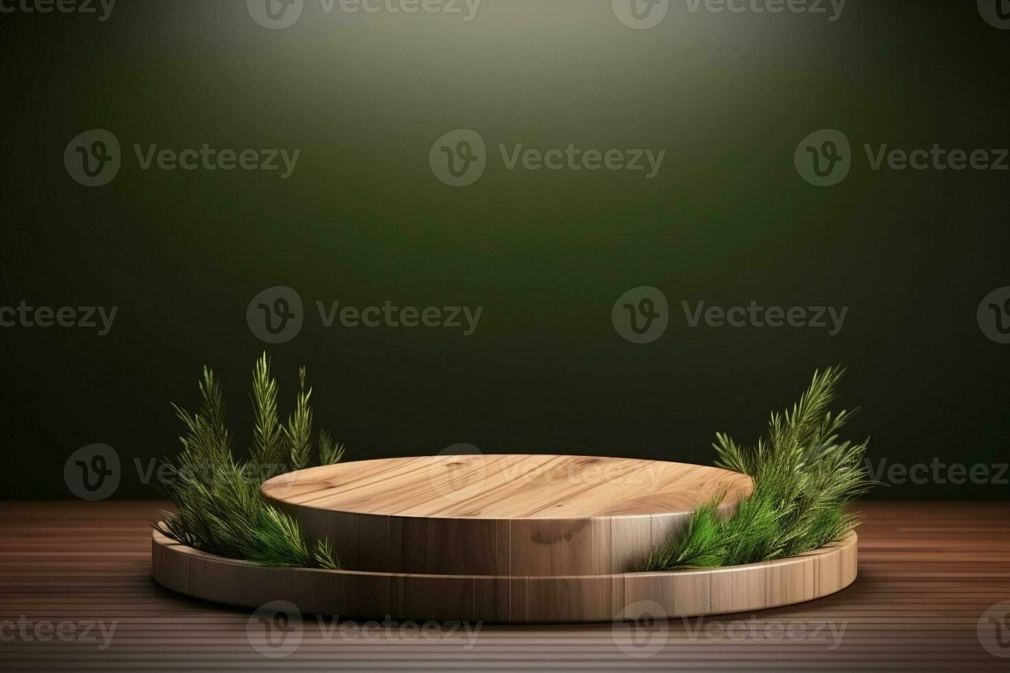 Round wood podium with grass and plants in the background for product display generative by ai photo