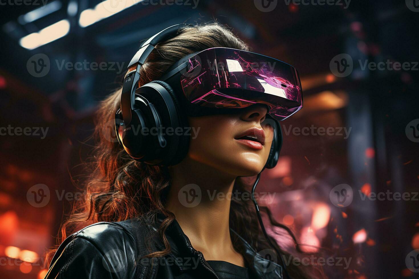 Woman Wearing a virtual reality headset in sci-fi urbanity generative by ai photo