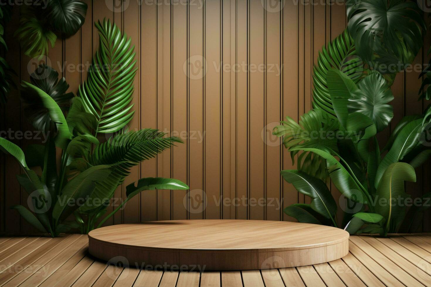 Wood pedestal podium with leaf in background for product presentation generative by ai photo