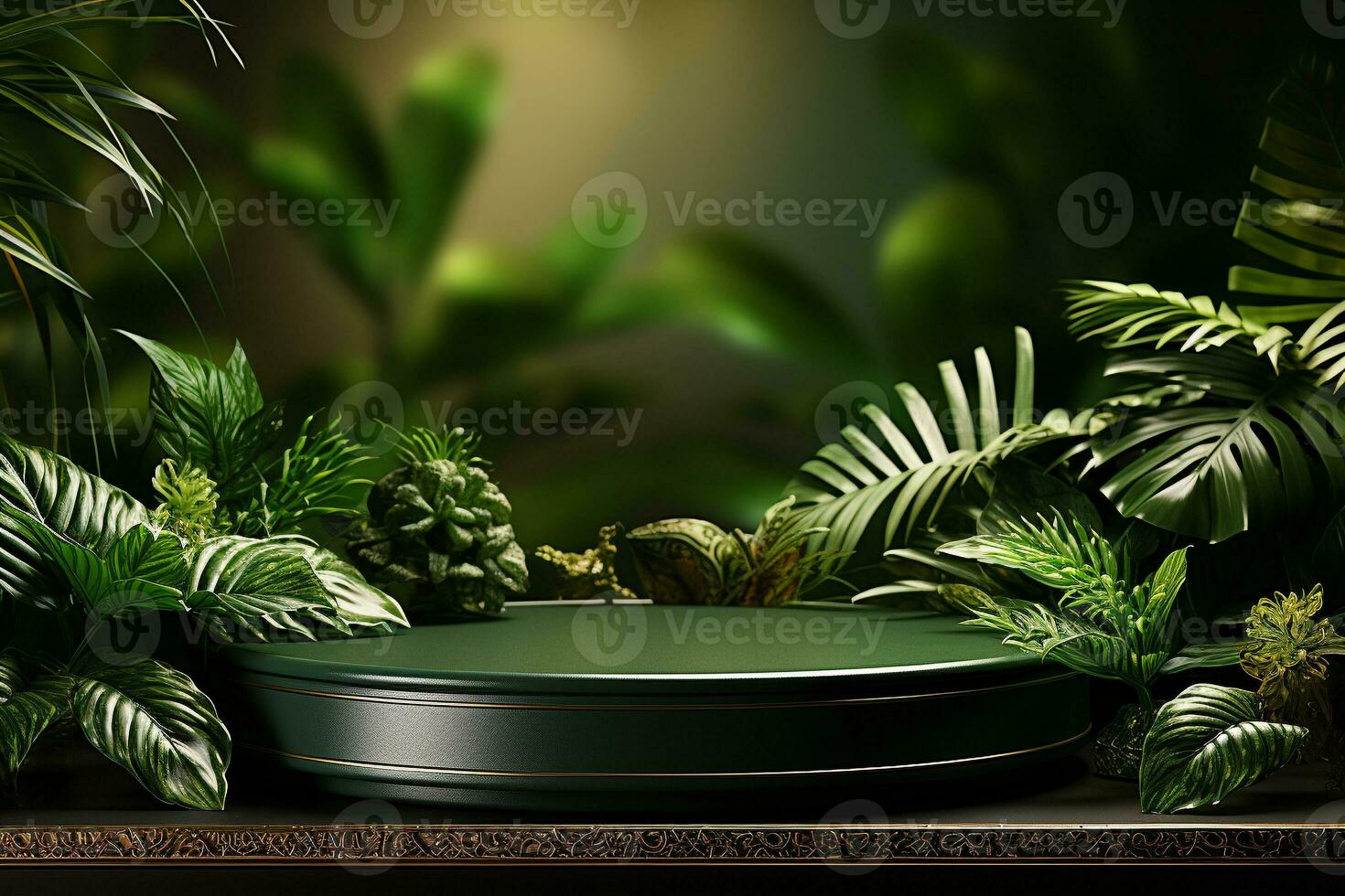 Podium mockup around with plants for product display generative by ai photo