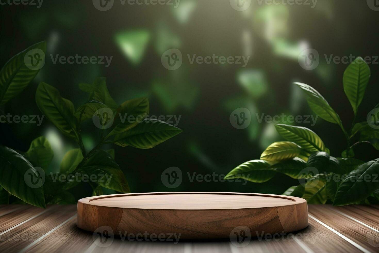 Wood pedestal podium with leaf in background for product presentation generative by ai photo